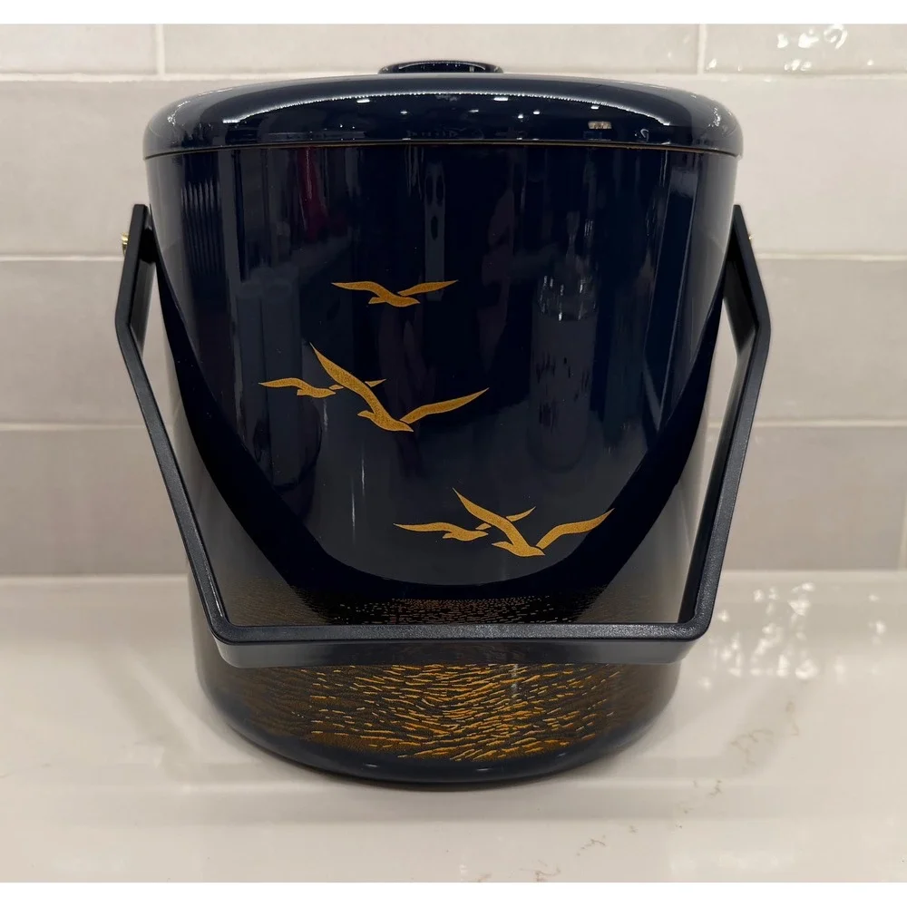Vintage Otagiri Japan Seagull Ice Bucket Black Gold Lacquer Mid Century Barware‎